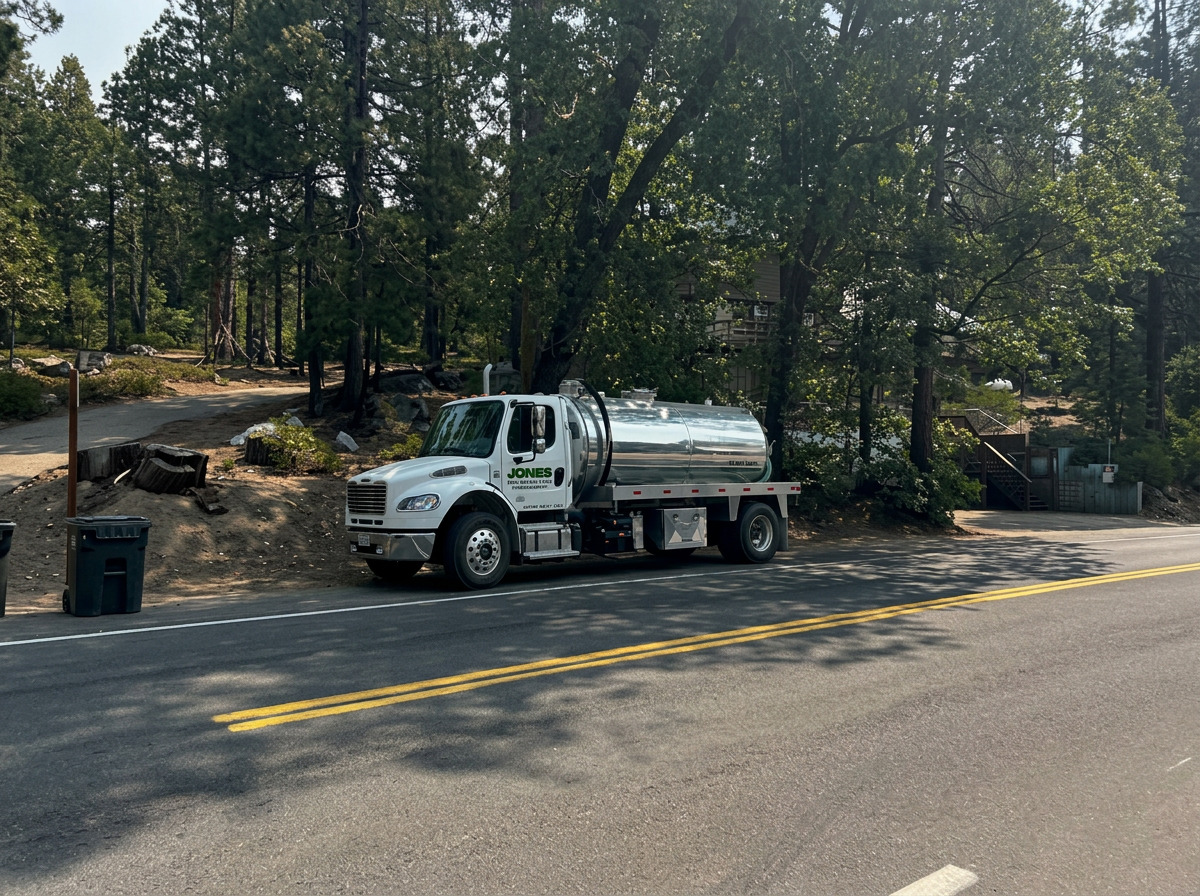 Jones Sanitation septic service truck on a residential service call in a forested mountain neighborhood