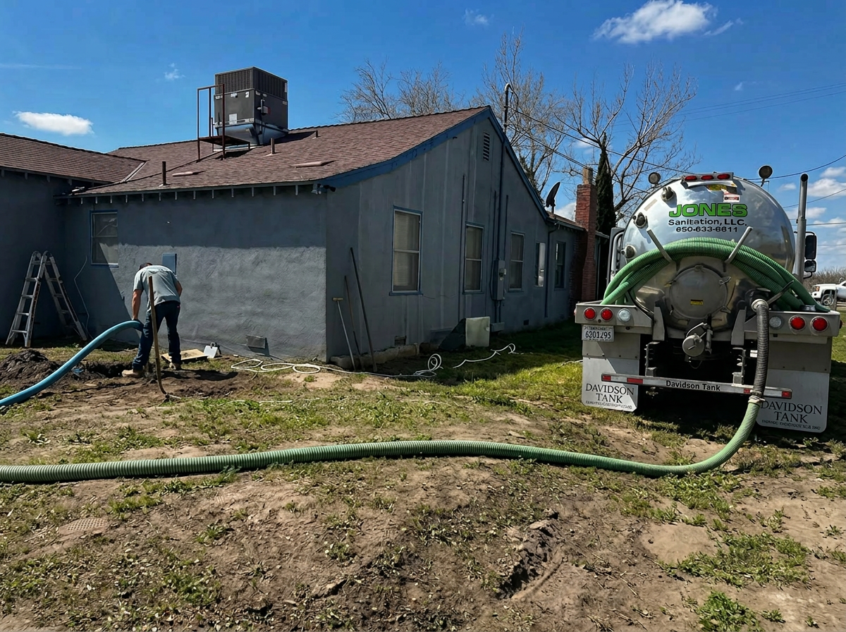 Jones Sanitation technician pumping a septic tank at a Central Valley home