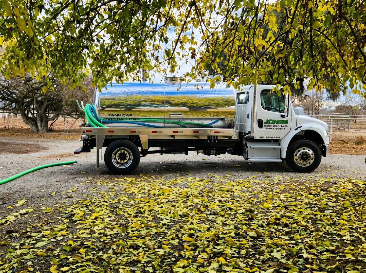 Jones Sanitation 2,500-gallon septic tank truck on a rural property